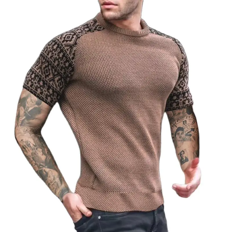 

Waffle Underlay Personalized Sweatshirt Men's 2023 New Knitted Short Sleeve Printed Youth Slim Fit Top Sweatshirt Traf