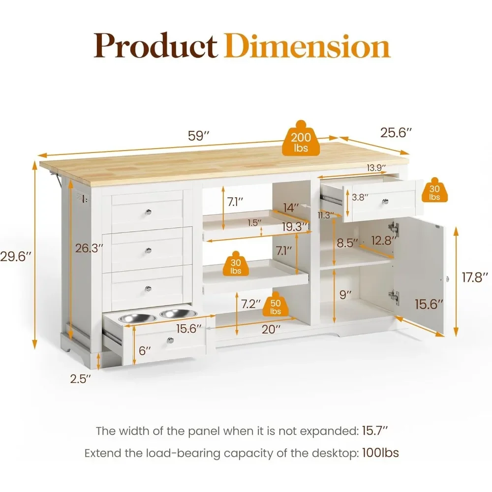 Large Kitchen Island with Power Outlet, Farmhouse Thick Table Top Drawer, Organized Storage Space with Rubber Wood Drop-Leaf