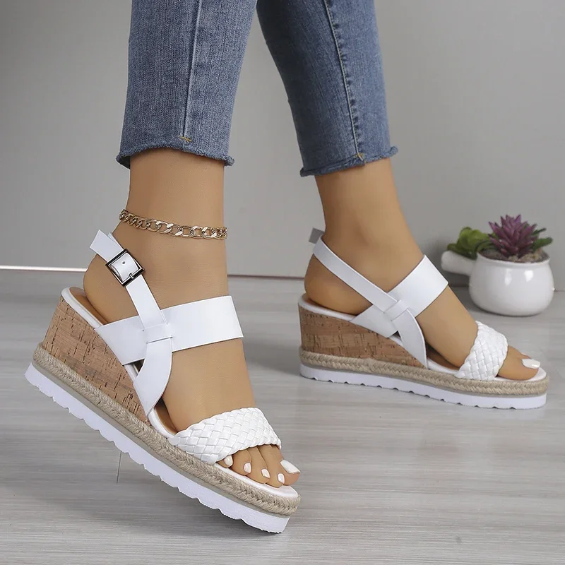 White Braided Wedge Sandals Women Summer 2025 Light Non Slip Beach Shoes Woman Fashion Buckle Strap Platform Sandalias De Mujer - Image 3