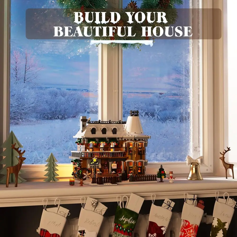 ชุดบ้านคริสต์มาสหิมะเรืองแสง บล็อกตัวต่อที่เข้ากันได้กับเลโก้จำนวน 1,549 ชิ้น เหมาะสำหรับเป็นของขวัญสำหรับผู้ใหญ่และครอบครัว