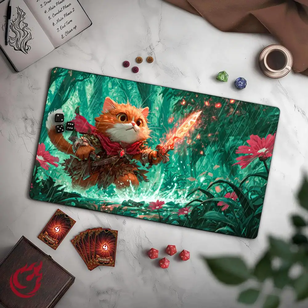 Orange Cat Adventurer TCG Playmat Magic Card Mat with Stitched Edge Non-Slip Durable Tabletop playmat Board Game Mat for TCG