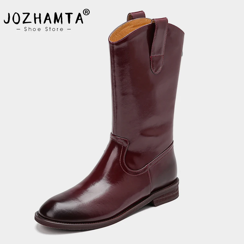 JOZHAMTA Size 34-44 Women Mid Calf Boots Western Autumn Patent Leather Cowboy Short Boots Winter Shoes Wedge heel Woman Lady