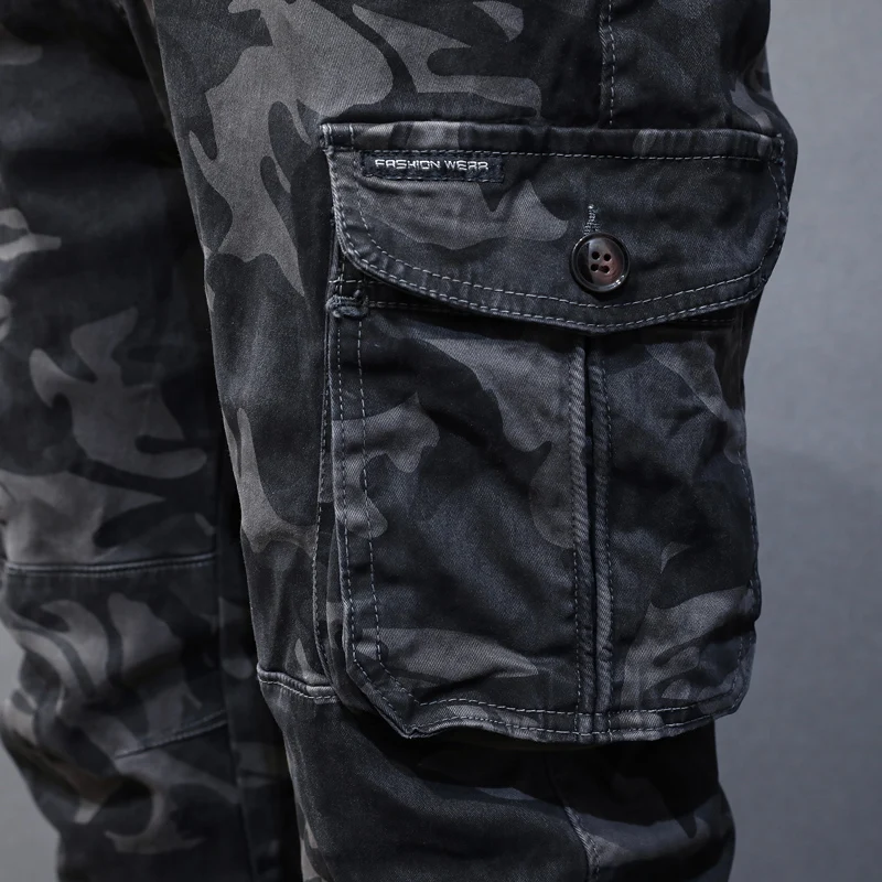 Calça Cargo Camo com Bolso Grande para Homem, Jeans Casual, Bottom Zipper, Designer Hip Hop Joggers, Streetwear Moda