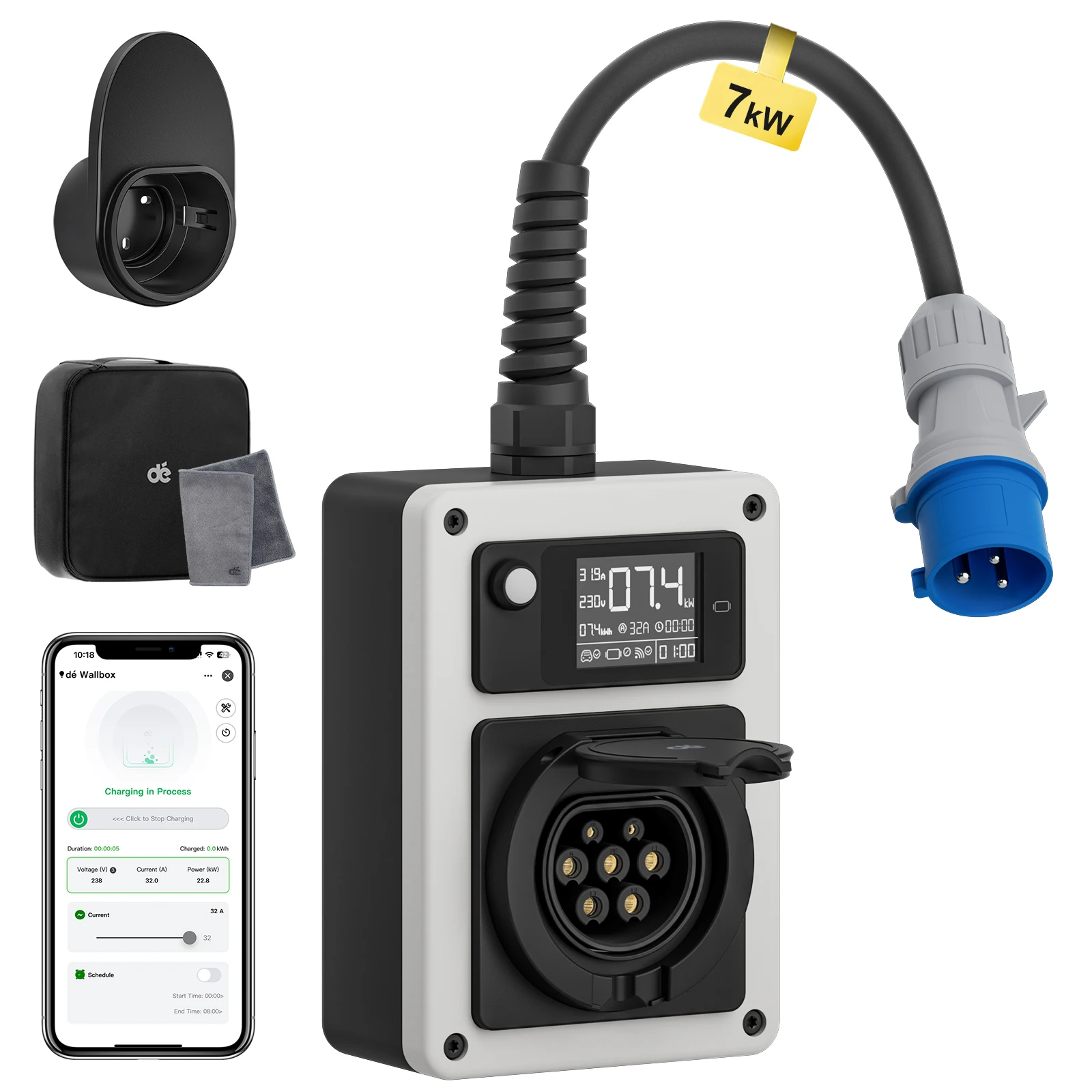 صندوق حائط dé 7.4kw 32A مع التطبيق ، شاحن EV قابس CEE للنوع 2 ، محطة شحن متنقلة مع عداد كهرباء ، توصيل وتشغيل