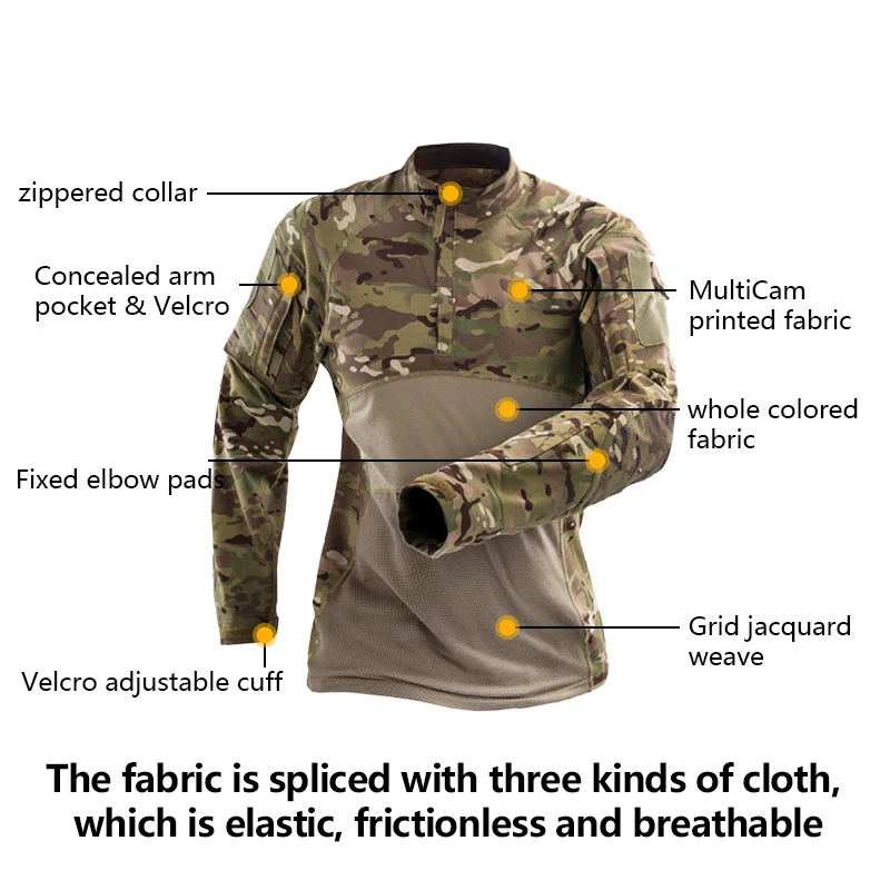 Tactical Shirt Long Sleeve Top Camo Airsoft Outdoor Sports Combat Shirt Black MC Camo