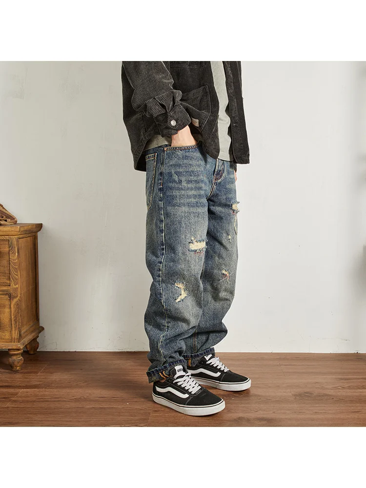 Fashionable street jeans for men, retro patchwork patches, loose tapered small straight leg denim pants with holes