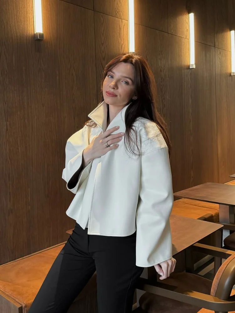 2026 Autumn Women's Fashion Jacket Stand-up Collar Leather Short Asymmetrical Solid Color Wide Horn Sleeve Leather Jacket
