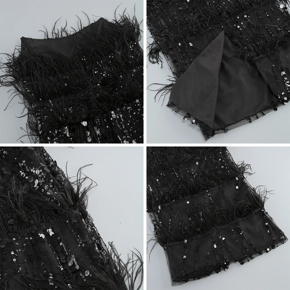 Sexy trägerloses, rückenfreies, mit Pailletten besetztes Midikleid für Abschlussball, ärmelloses Feder-Maxikleid, Cocktail-Geburtstags-Abend-Partykleid