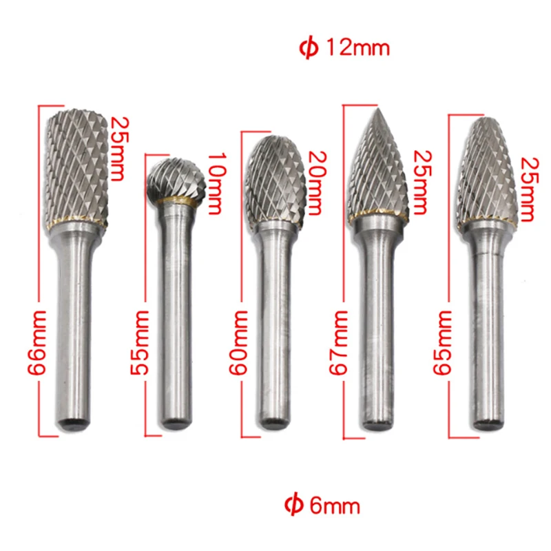 Conjunto de rebarbatanas rotativas, cabeça com haste, arquivo de corte duplo, brocas, polimento, gravação, perfuração, 5 unidades, 12mm