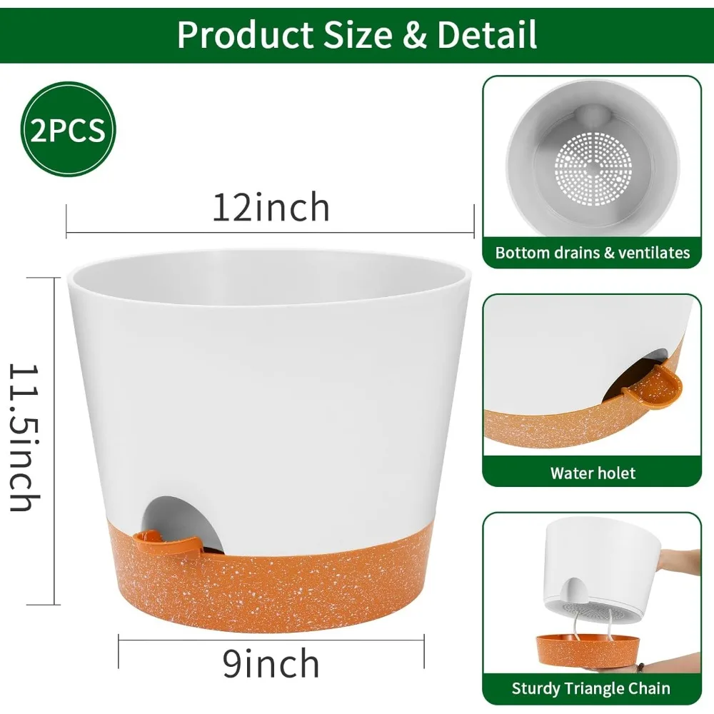 

12-дюймовые самополивающиеся горшки для растений, 2 упаковки больших пластиковых цветочных горшков с глубоким резервуаром для комнатных и наружных растений