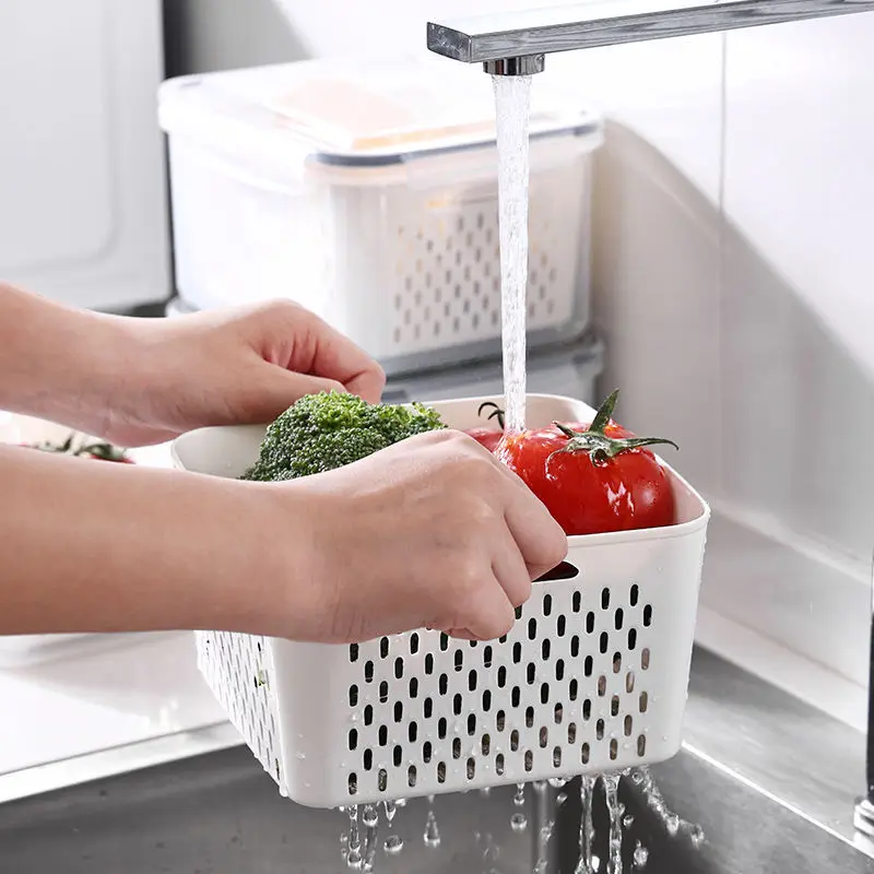 Refrigerator Storage Box Fridge Organizer Fresh Vegetable Fruit Boxes Drain Basket Storage Containers Pantry Kitchen Organizer