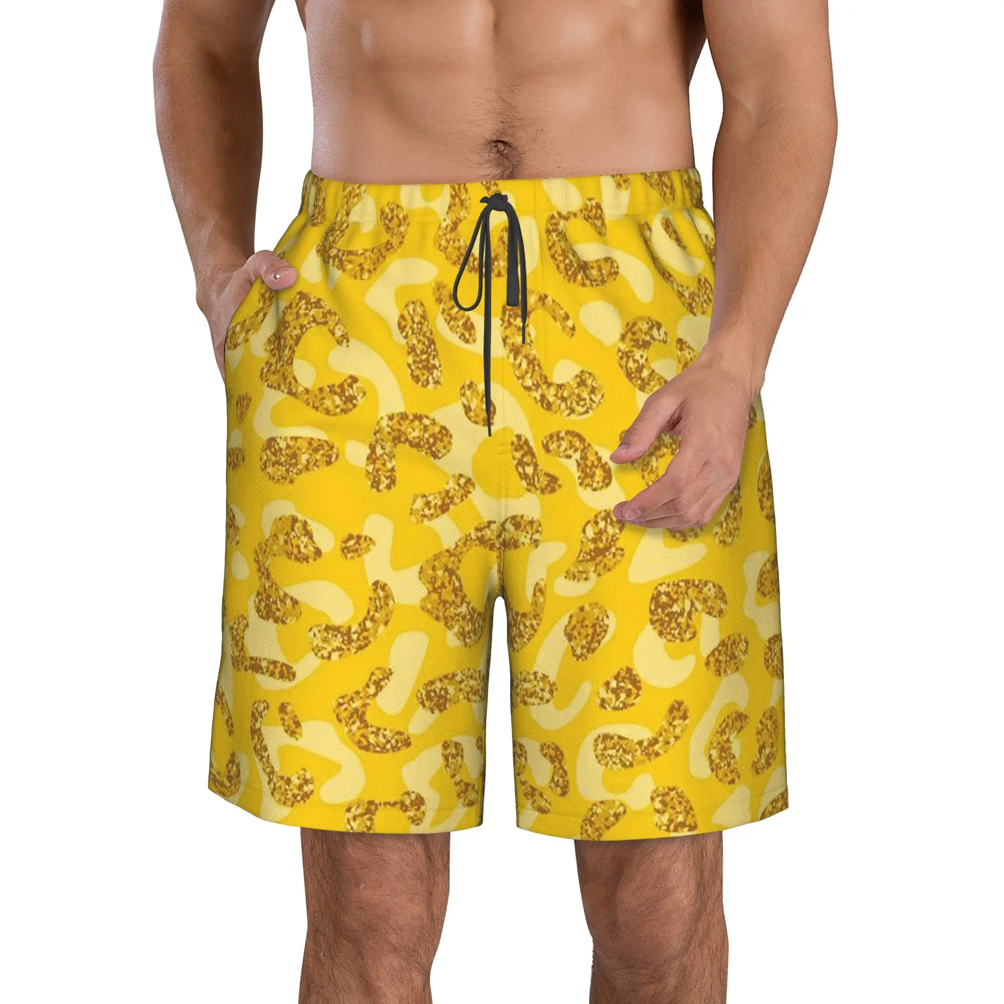 Light Yellow Color Leopard Trunks Beach Board Shorts Casual Quick Dry Swim Summer Men Pants