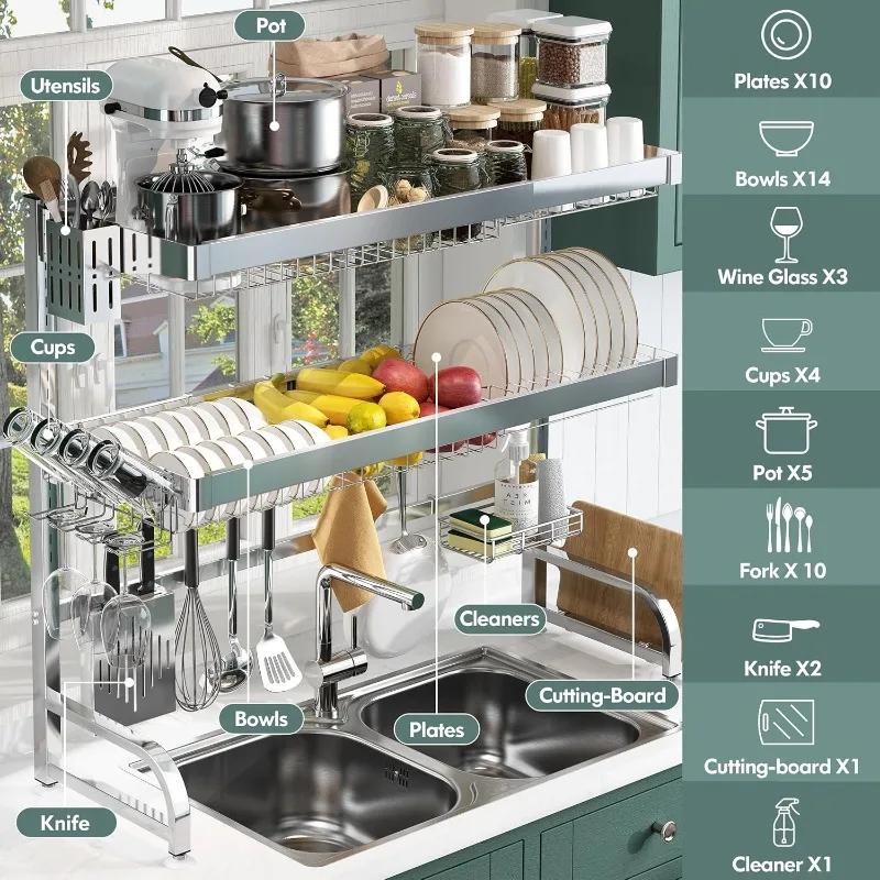 Over Sink Dish Drainer, Adjustable (25.5" - 35.5") Large Dish Rack for Kitchen Storage Counter Organizer