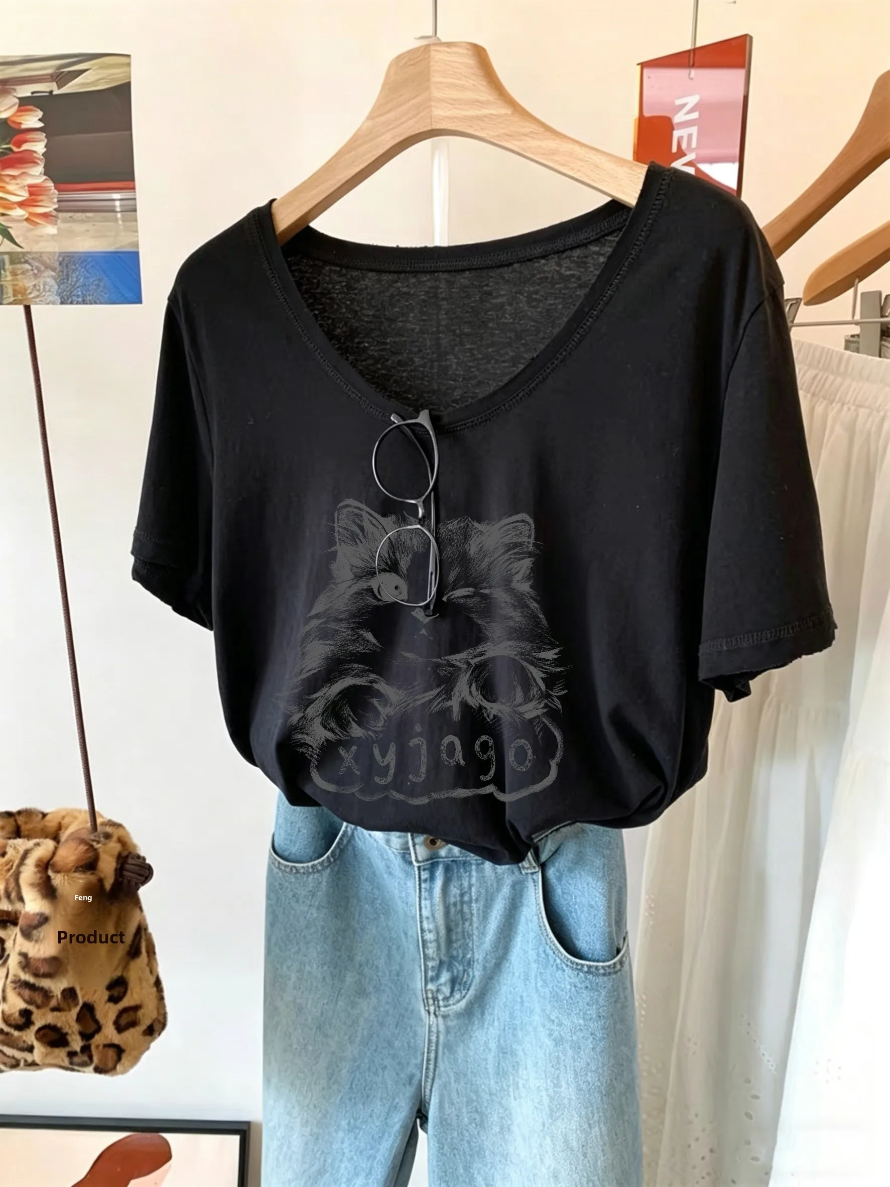 Comfortable Short Sleeve U-Neck T-Shirt Women's Summer Soft Stretchy Retro Style Egg Shape Mask Sensation Versatile Slimming Top
