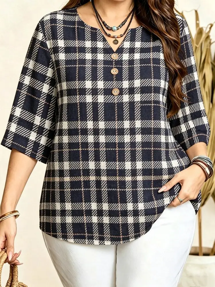 Plus Size Women Printed Blouse Notch V Neck 3/4 Sleeve Three Buttons Loose Lightweight Casual Daily Vacation Shirt