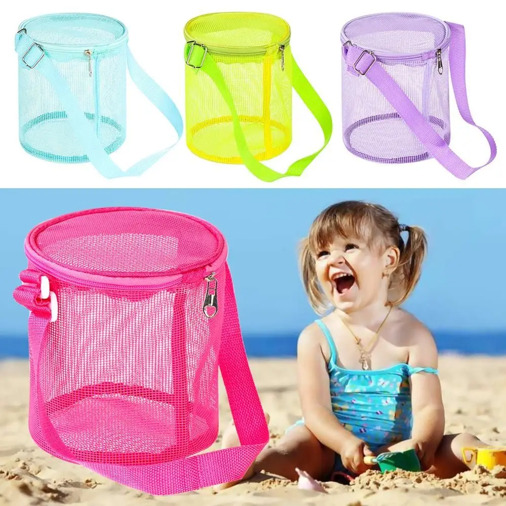 Mesh Beach Bag for Kids Toy Organizer Net Zipper Adjustable Shoulder Strap Storage Pouch Child Shell Collecting Bag Round Bucket