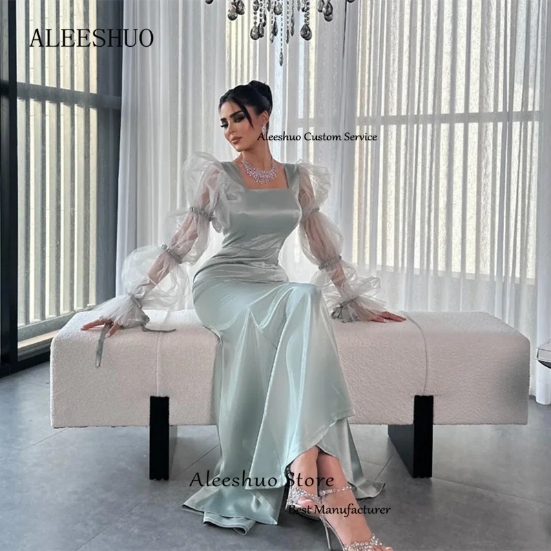 Aleeshuo Modern Satin Mermaid Prom Dress Pleaed Long Sleeves Sexy Square Collor Evening Dress Sexy Open Back 2025 Customized