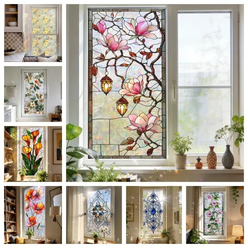Floral Pattern Privacy Film Rainbow Window Film Static Cling Protection Window Sticker for Office Home Storefront Office Glass
