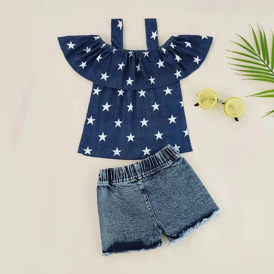 4th of July Girls Summer Outfit Denim Strap Top with Off-Shoulder Design and American Flag Shorts Patriotic 2-Piece Clothing Set