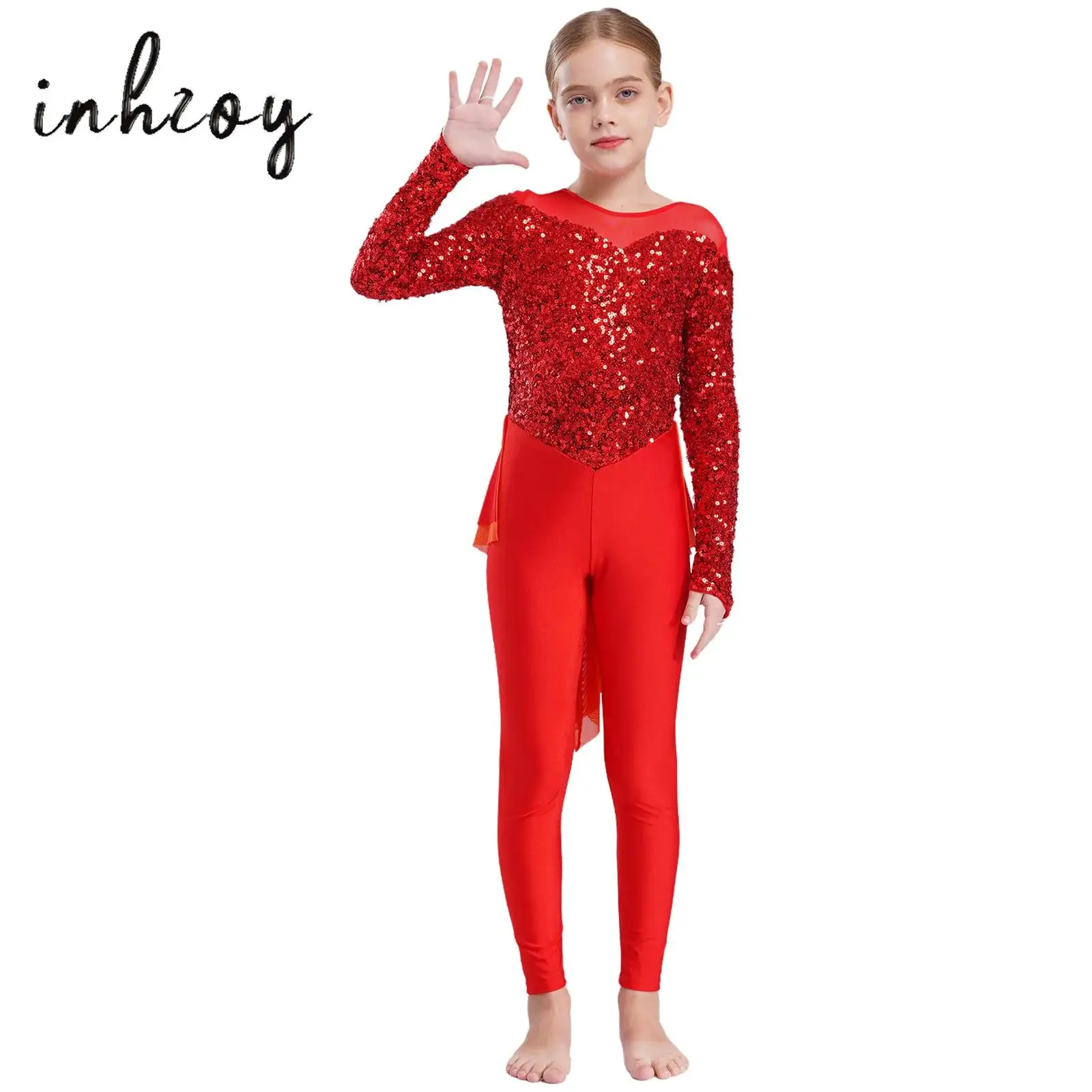 

Kids Girls Shiny Sequins Dance Jumpsuit Long Sleeve Ankle Length Leotard Skirted Bodysuit for Gymnastics Performance Competition