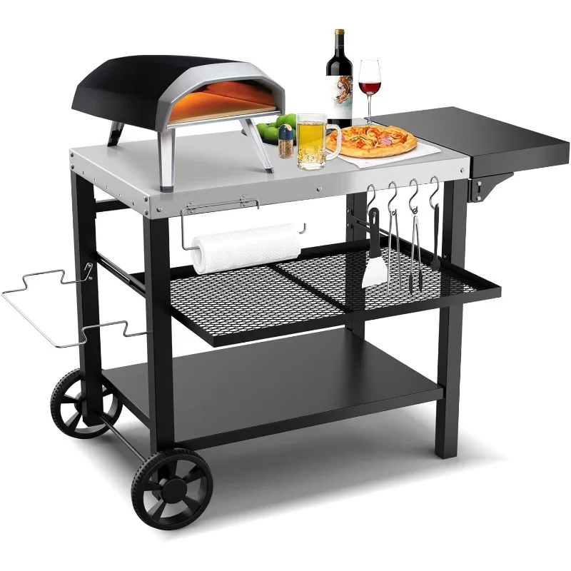 Outdoor Kitchen Island, Grill Table Cart with Drawer, Pizza Oven Stand, Movable 3-Shelf Prep Table with Side Table for Ninja Woo