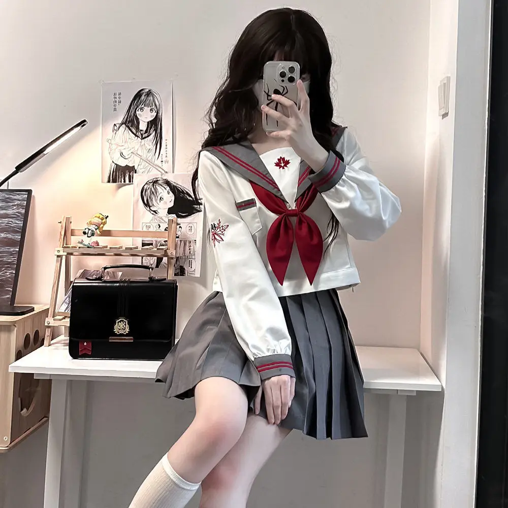 Traje de marinero japonés gris blanco JK para mujer, uniforme escolar para niña, Falda plisada linda, disfraz de anime COS para mujer