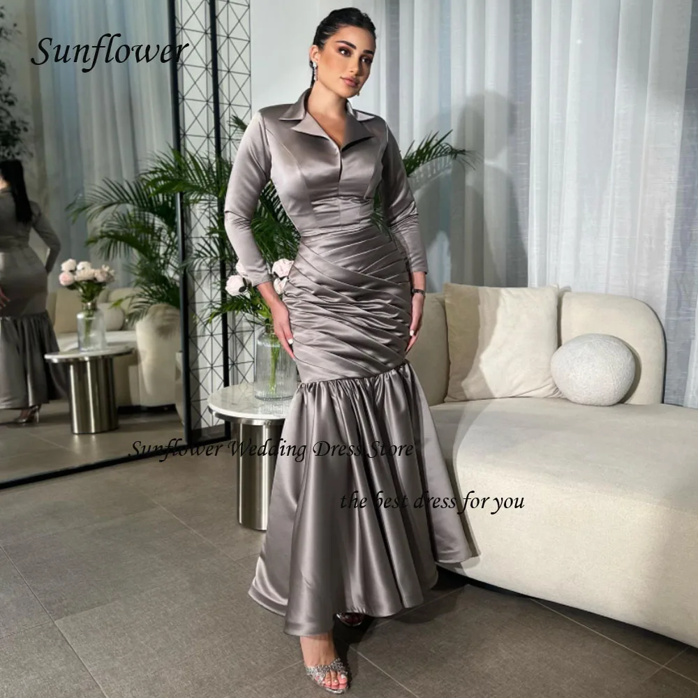 

Sunflower V-Neck Formal Evening Dress 2023 Slim Long Sleeve Pleat Tiered Satin Mermaid Ankle-Length High-end Custom Party Gowns