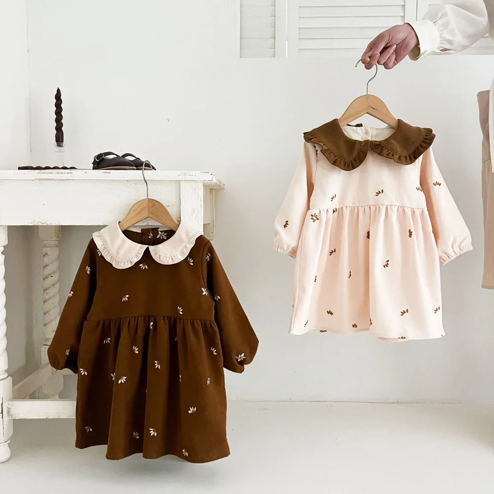 2026 Autumn New Korean Style Girls Embroidery Dress, Color Block Peter Pan Collar Puff Sleeve Loose Princess Dress For Baby Kids