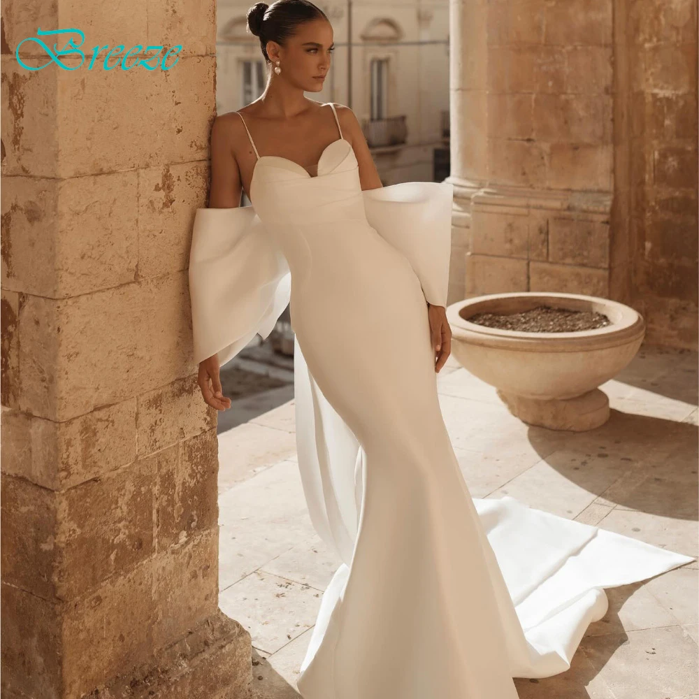 ชุดแต่งงานผ้าซาตินสีขาวแบบสั่งตัด ดีไซน์หรูหรา ทรงเกาะอก แขนกุด สไตล์โบฮีเมียน ทรงเอไลน์/ทรงเมอร์เมด