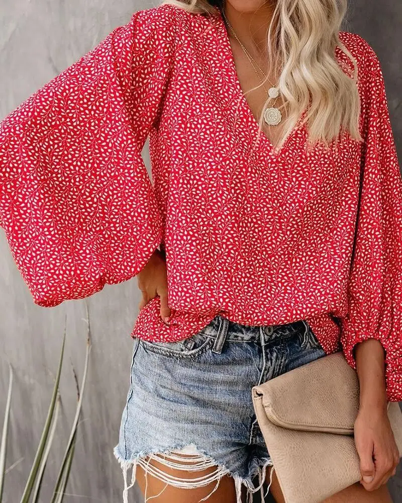 2023 New European and American Cross Boder Spring/Summer/Autumn V-neck Casual Shirt Printed Lantern Sleeve Top Women\'s W