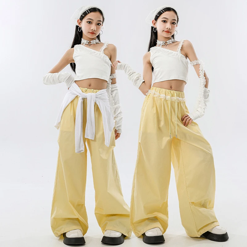 

New Street Dancing Set Girls Jazz Dance Costume Hip Hop Outfit Children Performance Clothes White Crop Tops Yellow Pants XH2678