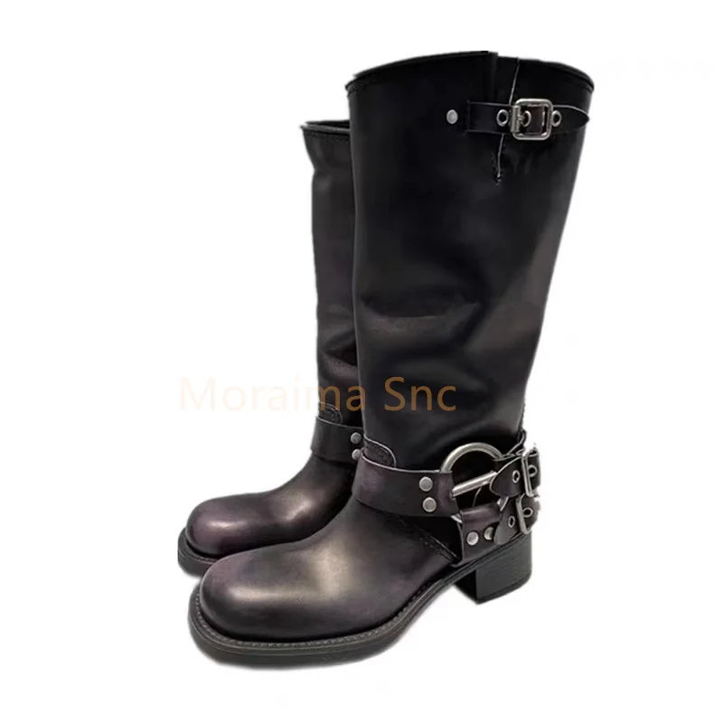 2023 Spring Autumn Belt Buckle Western Cowboy Boots Women Knee-High Boots Rouns Toe Slip On Knight Motocycle Boots Ladies Shoes