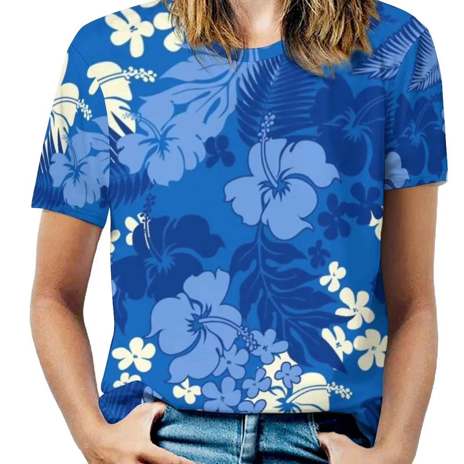 Kona Bay Hawaiian Hibiscus Aloha Shirt Print-Royal Blue Fashion Print Women Ladies Girls T-Shirt Harajuku Round Neck Short