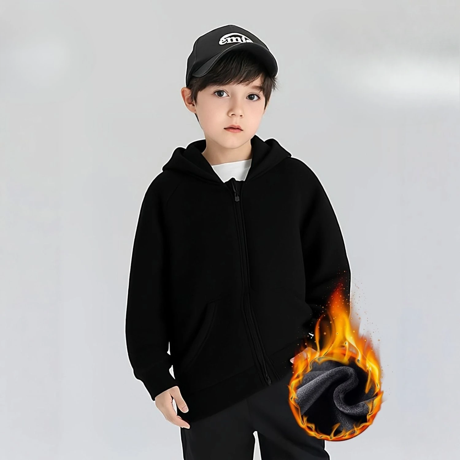 Kids Fleece Lined Zip Up Hooded Jacket Boys Girls Warm Coat Children Outerwear Autumn Winter