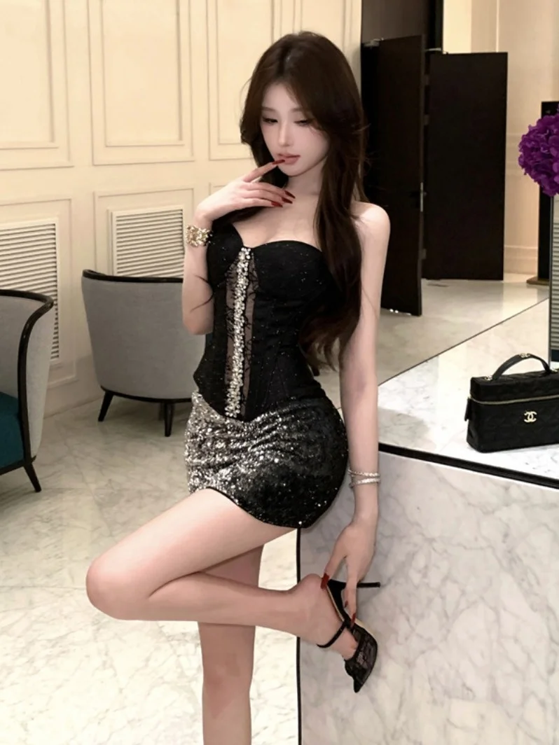 

Sequin Splice Sexy f-length Skirt And Top Set Women's Faionable Bodycon Dring Sle Ensemble Sexy Sle
