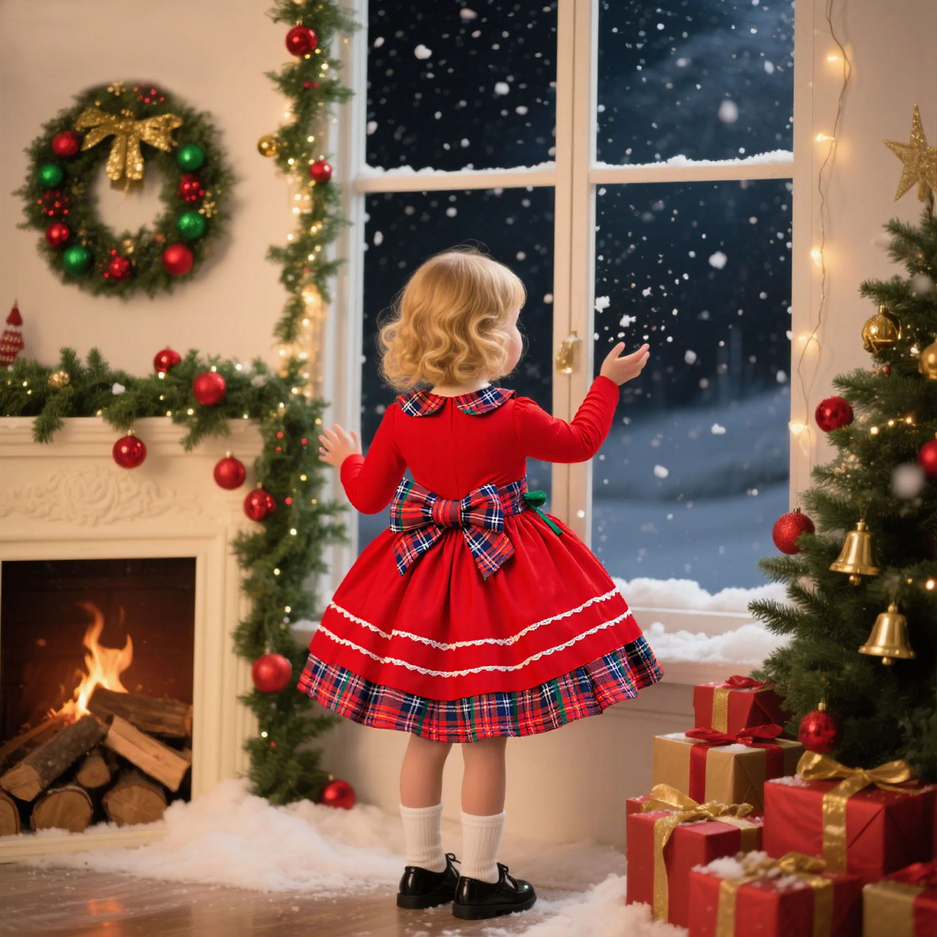 

New Christmas Dress Long-Sleeved Doll Collar Puffy Dress Red Checkered Princess Dress For Baby Girls Xmas Performance Costume