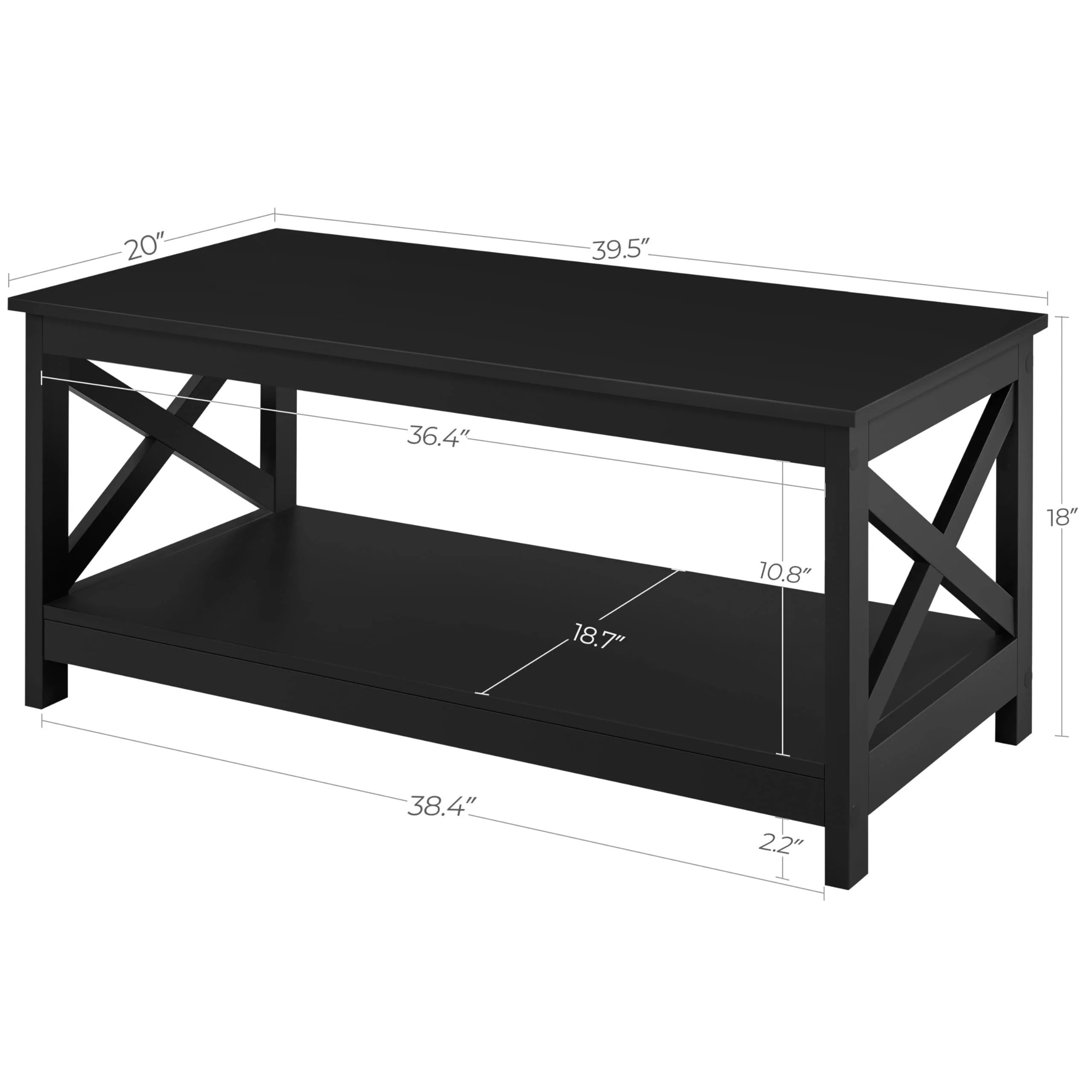 Wooden X Design Coffee Table 2 Tier Storage Shelf for Living Room Bedroom Office, Modern Accent Cocktail Table, Black