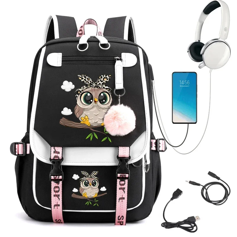 Kawaii Owl Print Women Backpacks Waterproof Nylon School Bags for Teenager Girls Bookbag Lady Travel Backbag Usb Shoulder Bag