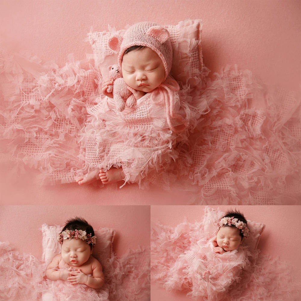 Newborn Shooting Props Soft Stretchable Wrapping Hat Bear Doll Lace Pillow Bow Headdress Baby Photographer Pink Theme Photo Prop