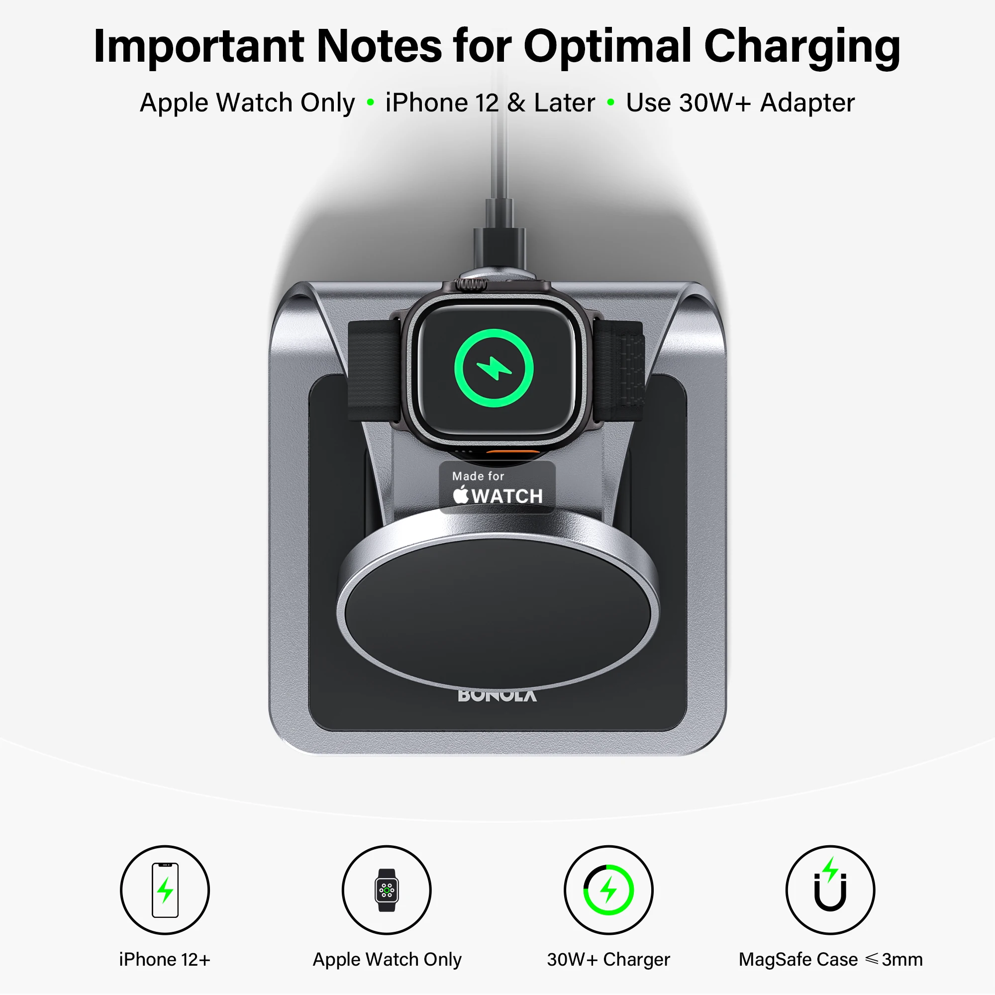 Bonola 3-in-1 Magnetische Kabellose Ladestation für iPhone 17/17 Pro Max/16/15 15W Kabelloses Laden für Apple Watch AirPods Pro – Detail 2