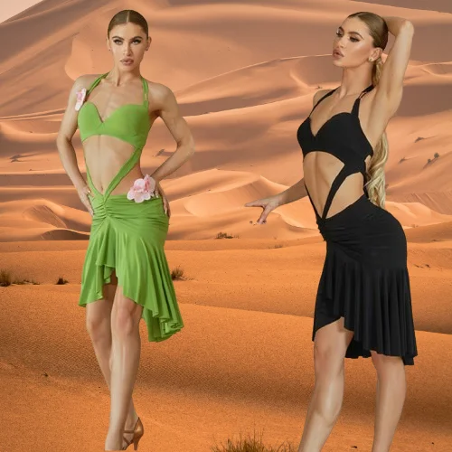 

Sexy ZYM Latin Dance Dress Women Rumba Tango Dance Clothes Adult Club Latin Practice Wear Green Black Halter Neck Dress