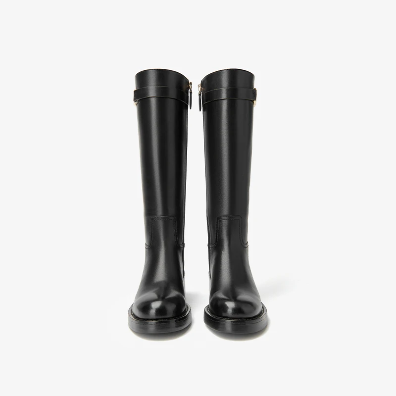 BEAUTODAY Genuine Leather Long Boots Women Calfskin Round Toe Riding Boots Buckle Decora Zipper Closure Ladies Shoes 01486