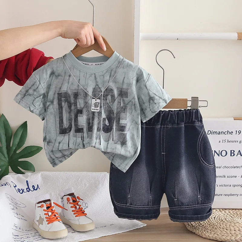 Korean Style Toddler Boys Summer Clothes Set Tie Dye Letter Print T-shirts and Washed Denim Shorts Kids Fashion Outfit 0-5 Years