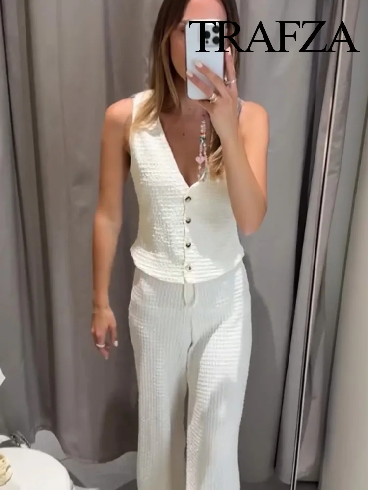 TRAFZA Women Summer Fashion Single Breasted V-Neck Vest Top+Chic High-Waist Casual Drawstring High Street Solid Long Pants Suit