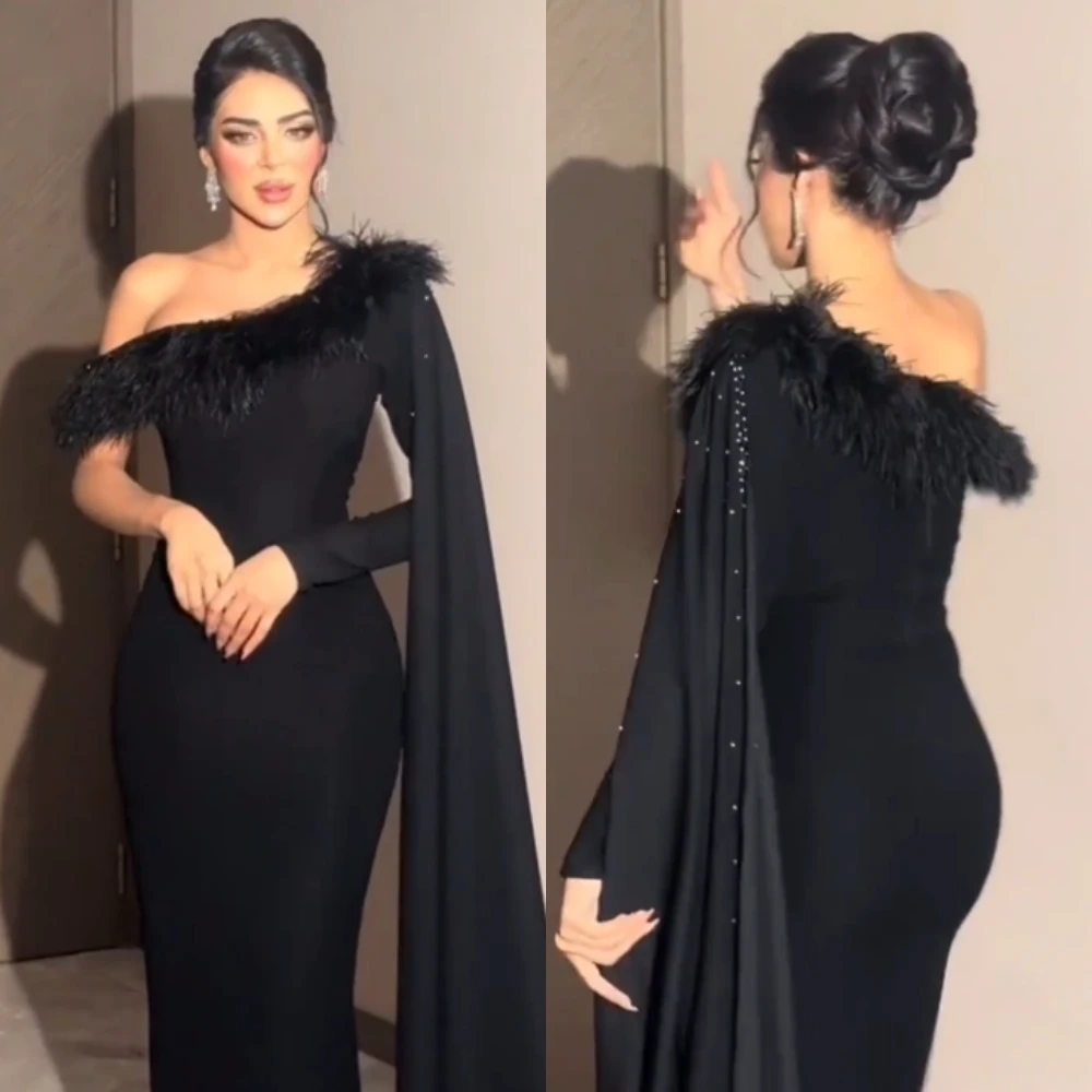 

Exquisite High Quality Asymmetrical One-Shoulder Sheath Evening Dresses Formal Ocassion Gown Feathers Satin prom dress luxury