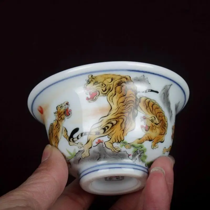 3.8" Collect China Famille Rose Porcelain Zodiac Animal Tiger Press-hand Cup