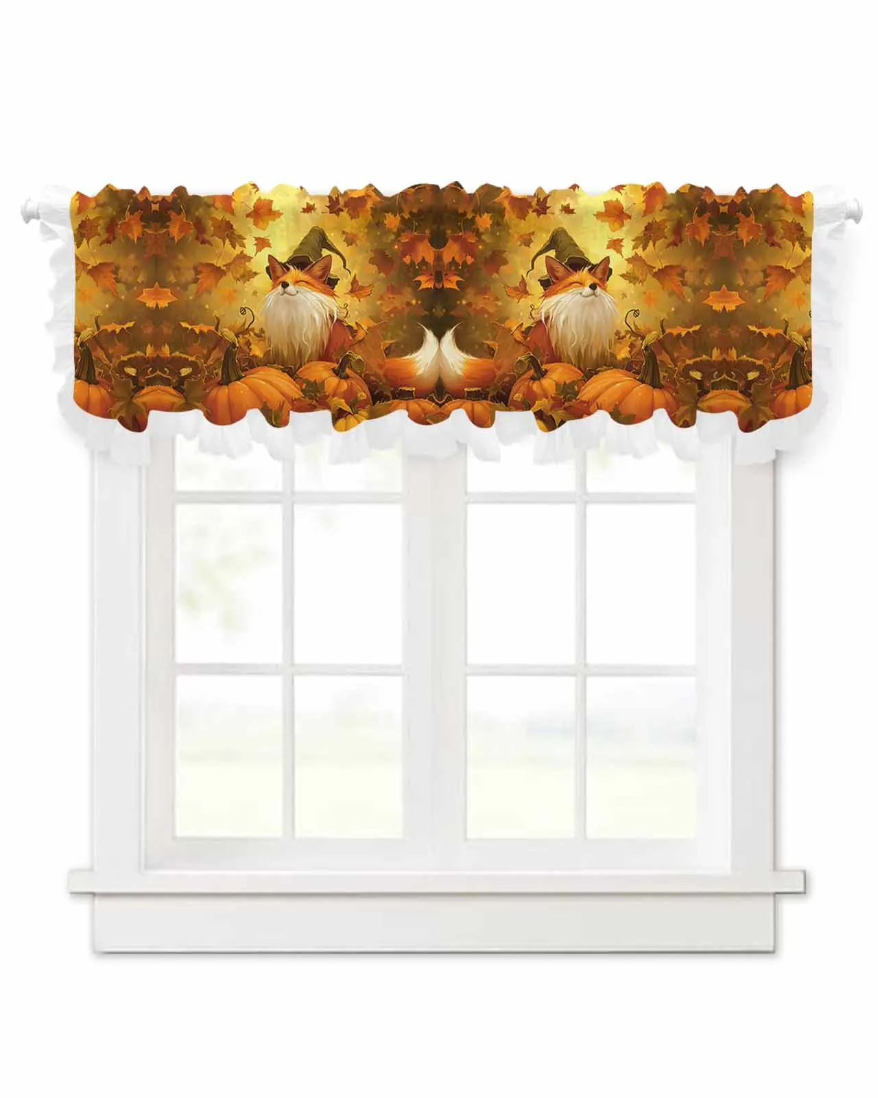 Fall Pumpkin Fox Short Tulle Half Curtains for Living Room Kitchen Door Cafe Window Sheer Valance Drapes