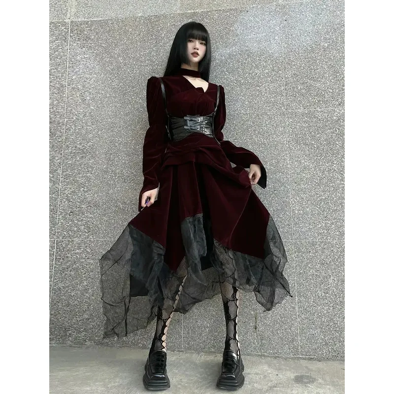 

FC6Dark Gothic Retro Long Sleeve Wine Red Dress Female Halloween Costume Elegant Temperament Irregular Hemline@FC8！