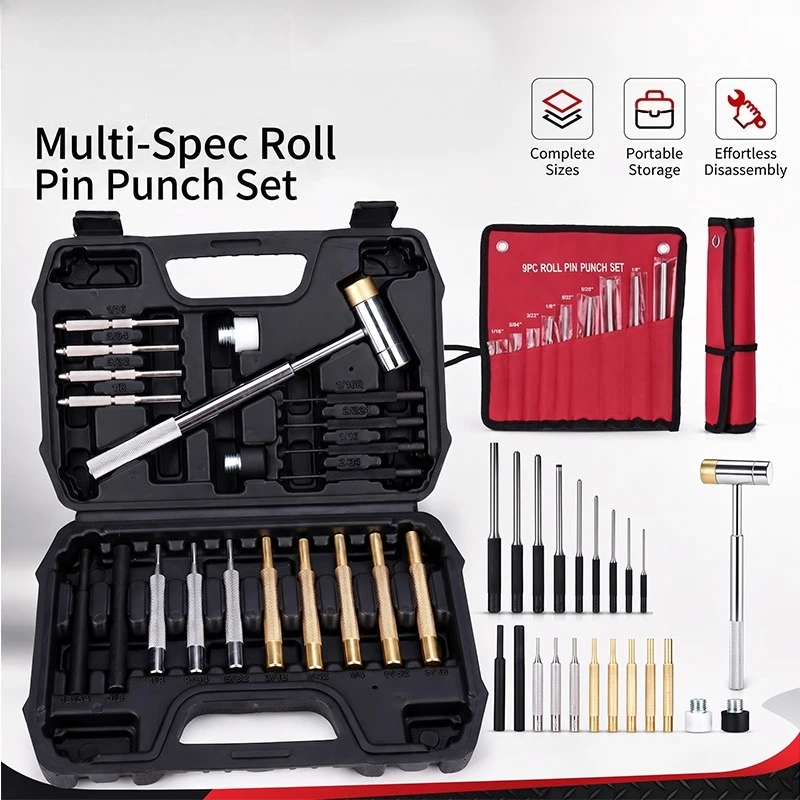 21pcs Roll Pin Punch Set Steel Punches Drift Pin Tool Kit with Hammer Leather Hole Puncher for Watch Repair Metal‑working
