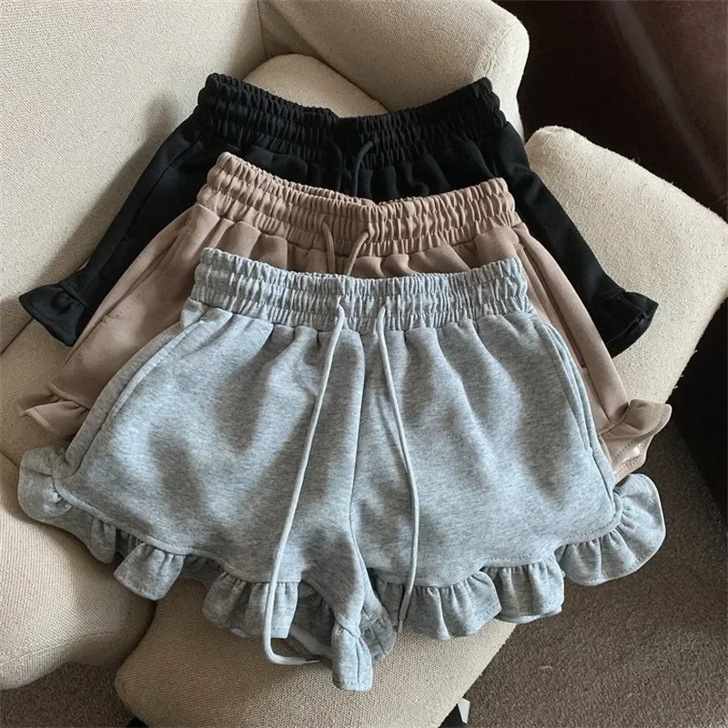 

Summer wood ear edge high waisted casual wide leg drawstring sports shorts for women